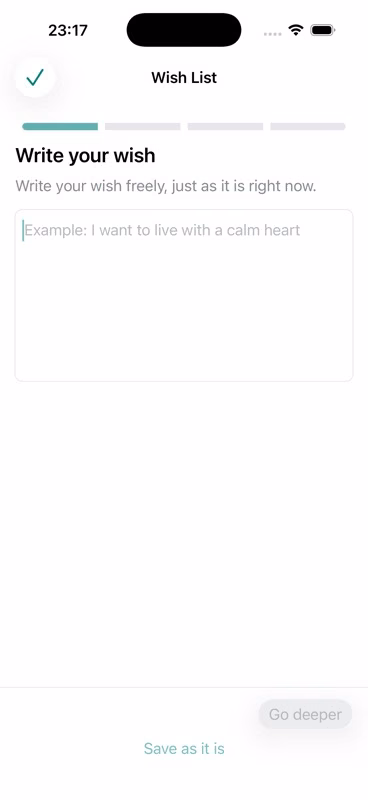 The first screen in Kamidana App's four-step wish flow